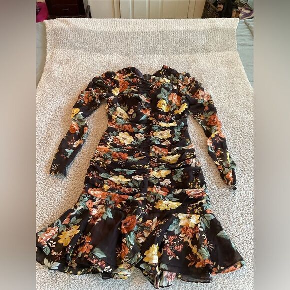 Veronica Beard Hedera Black Floral Print Ruched Long Sleeve Silk Mini Dress Sz 0 - Picture 6 of 9